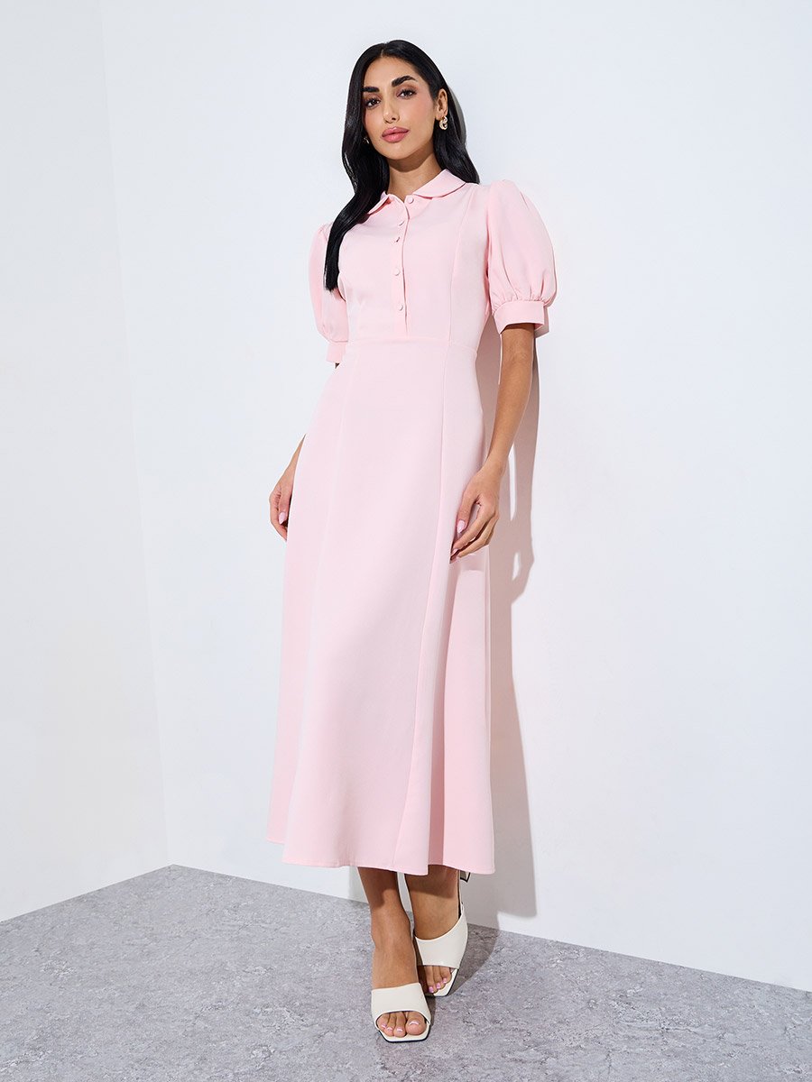Pink Solid Short Puff Sleeves Shirt Maxi Dress
