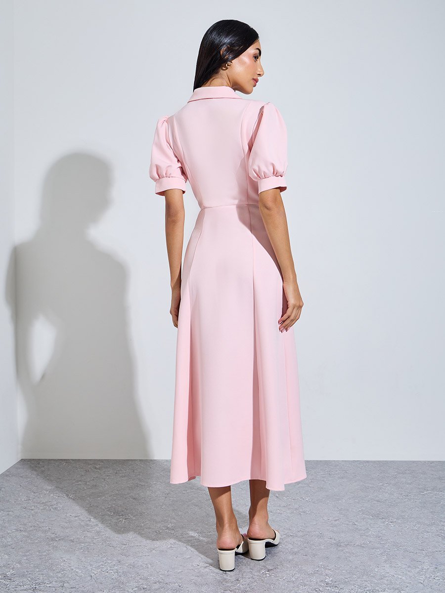 Pink Solid Short Puff Sleeves Shirt Maxi Dress