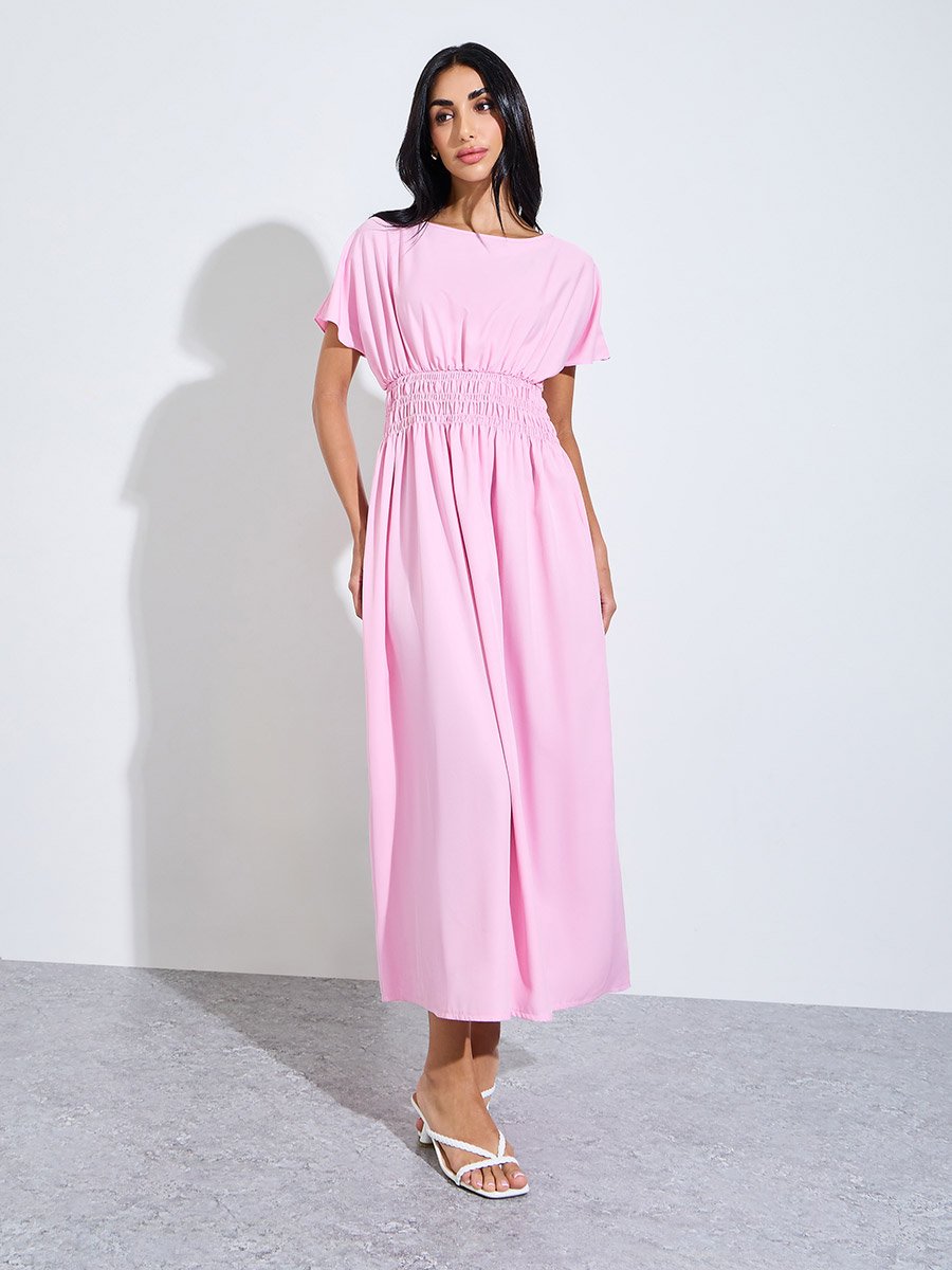 Pink Solid Ruched Waist A-Line Maxi Dress