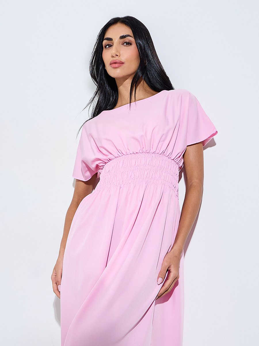 Pink Solid Ruched Waist A-Line Maxi Dress