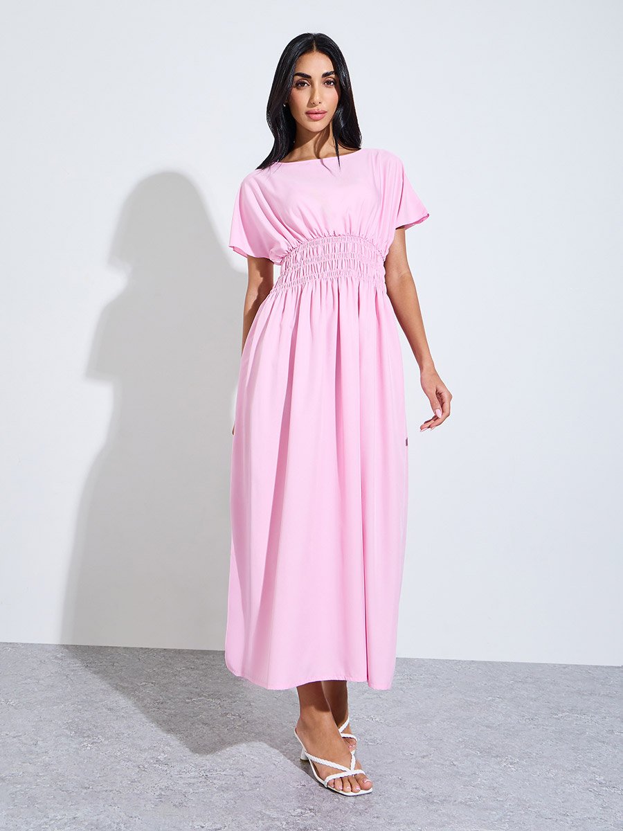 Pink Solid Ruched Waist A-Line Maxi Dress