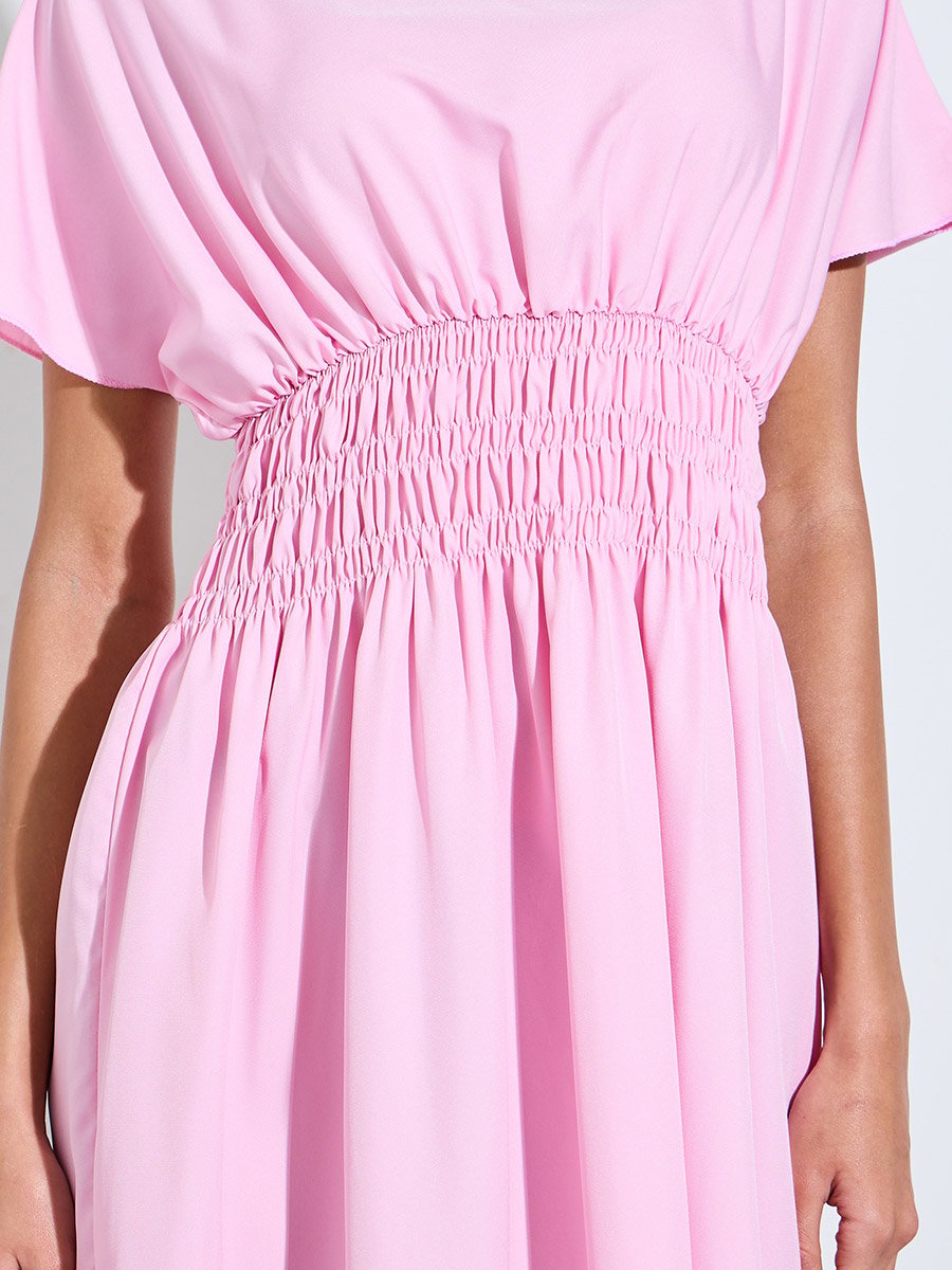 Pink Solid Ruched Waist A-Line Maxi Dress