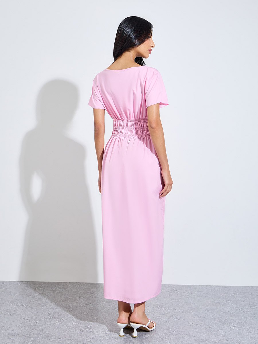 Pink Solid Ruched Waist A-Line Maxi Dress