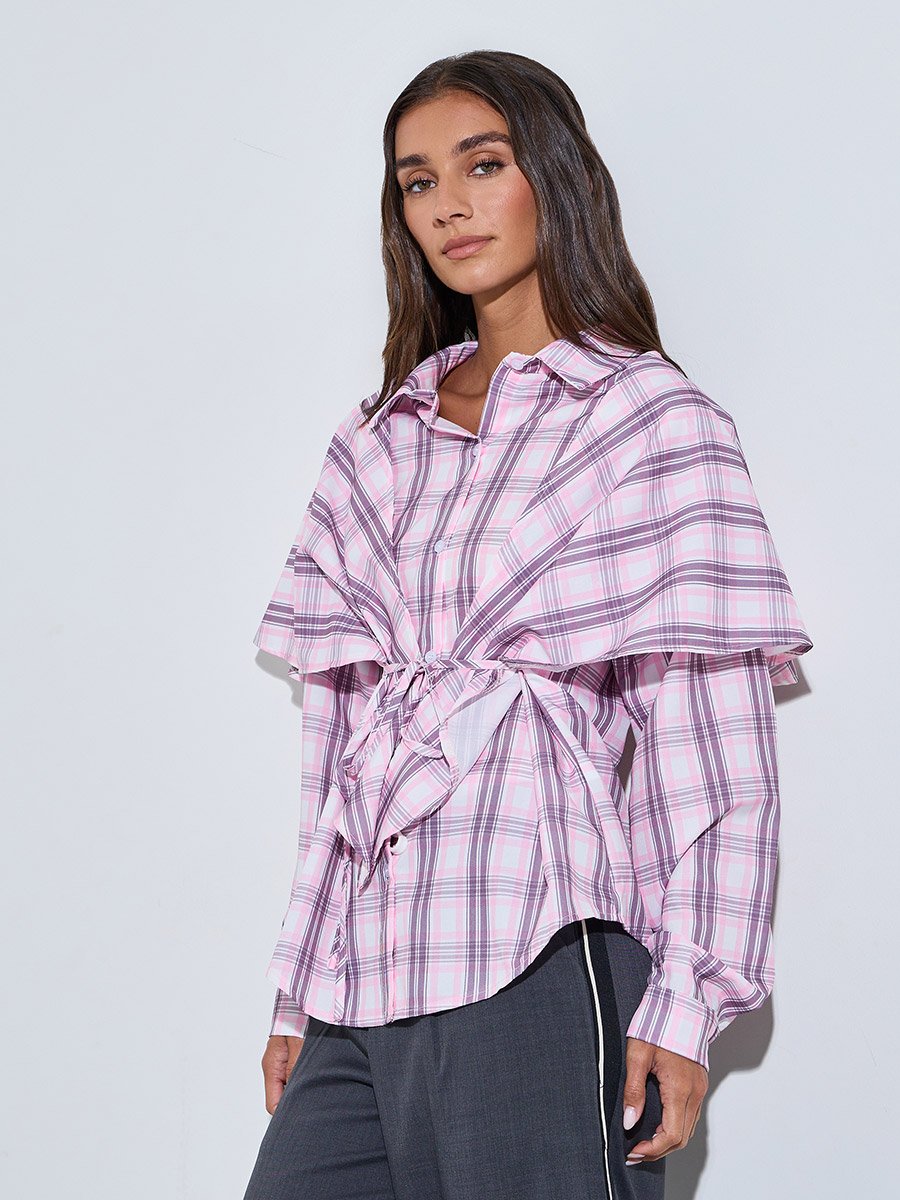 Multi-Color Checked Tie-Front Ruffle Blouse