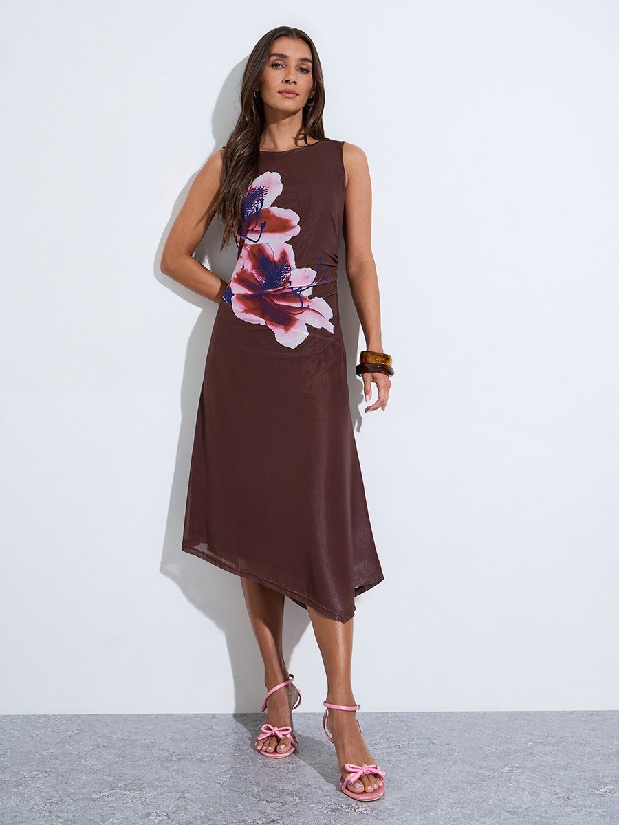 Brown Floral Print Asymmetric Hem A-Line Midi Dress