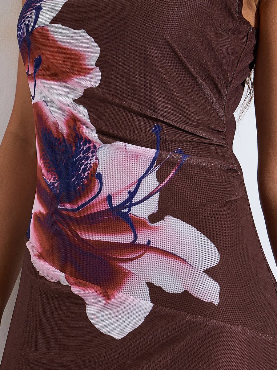 Brown Floral Print Asymmetric Hem A-Line Midi Dress