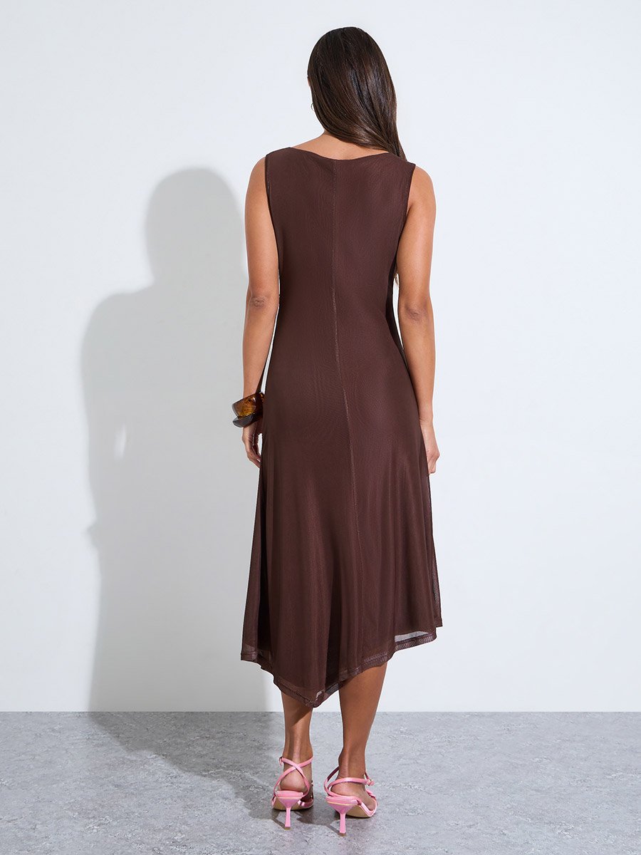 Brown Floral Print Asymmetric Hem A-Line Midi Dress