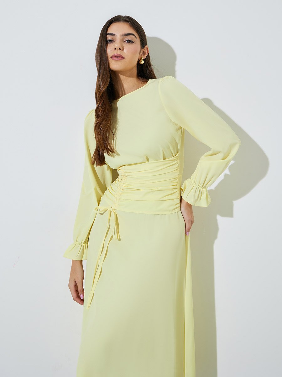 Yellow Solid Drawstring Detail A-Line Midi Dress