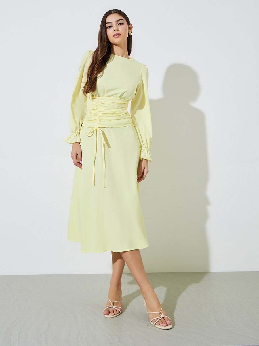 Yellow Solid Drawstring Detail A-Line Midi Dress
