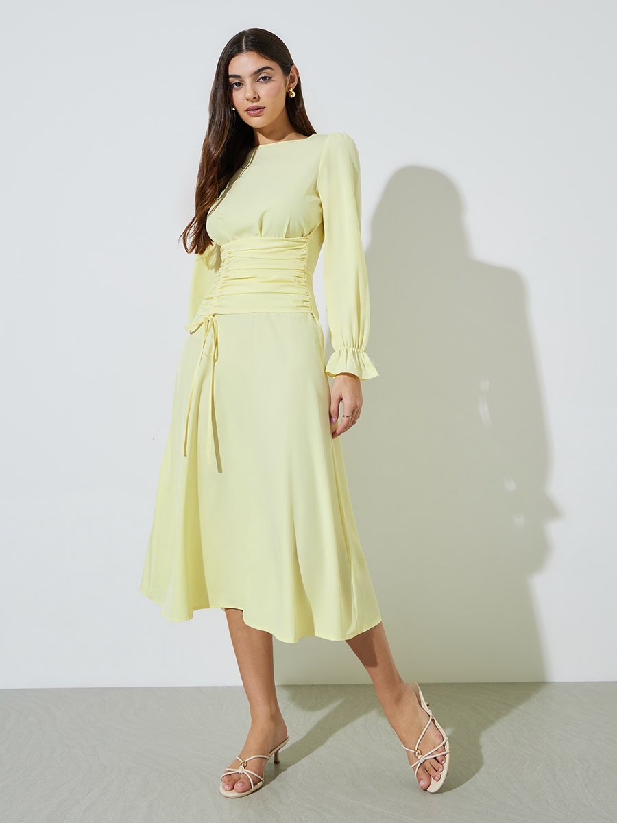 Yellow Solid Drawstring Detail A-Line Midi Dress