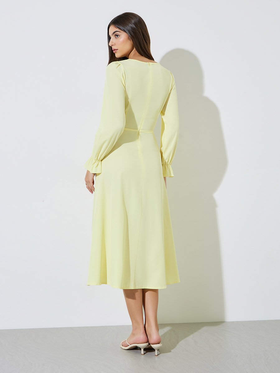 Yellow Solid Drawstring Detail A-Line Midi Dress