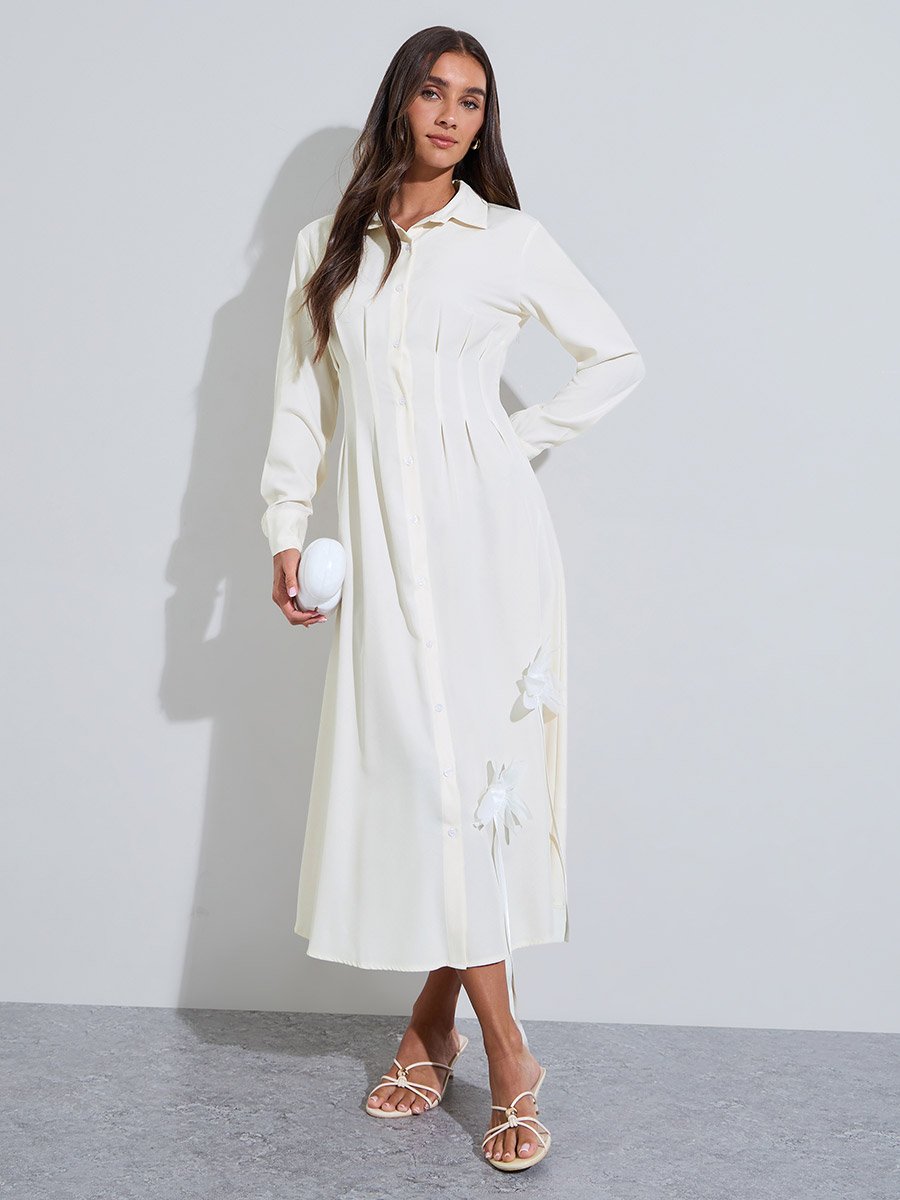 Cream Gathered and Flower Details Long Sleeves Shirt Midi Dress