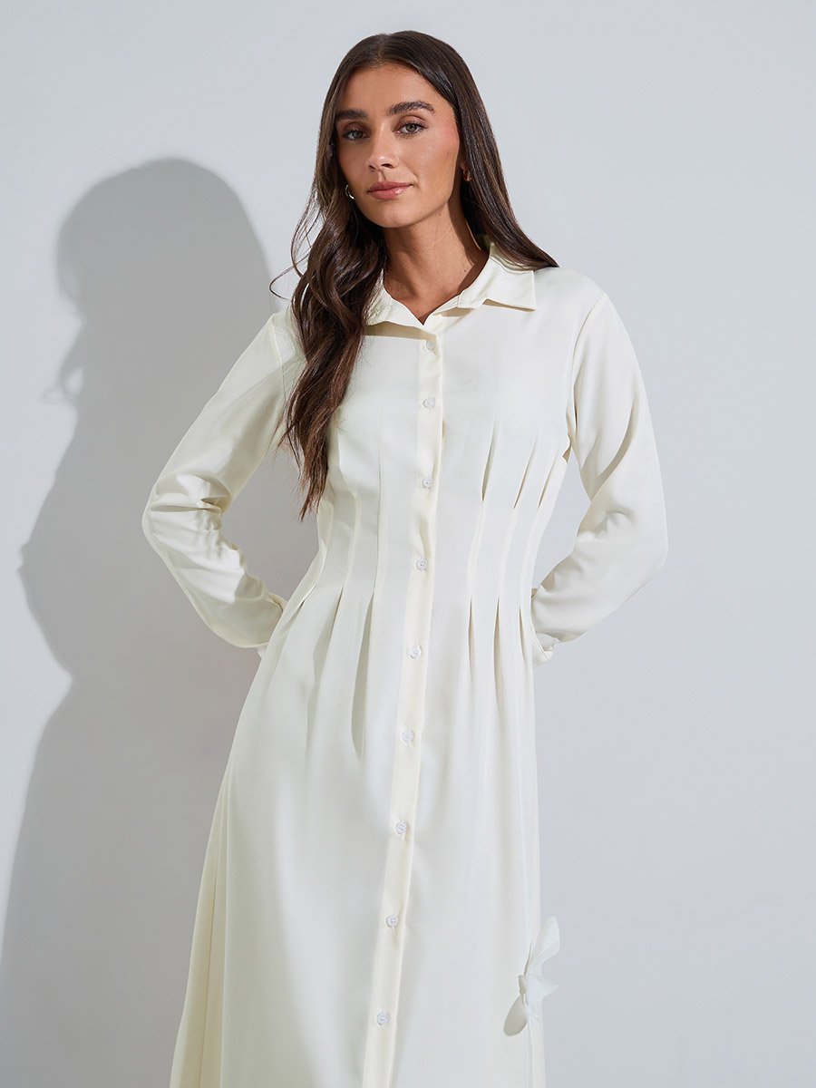 Cream Gathered and Flower Details Long Sleeves Shirt Midi Dress