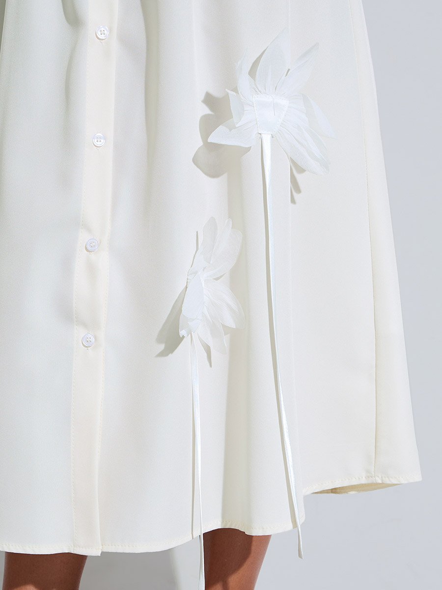 Cream Gathered and Flower Details Long Sleeves Shirt Midi Dress