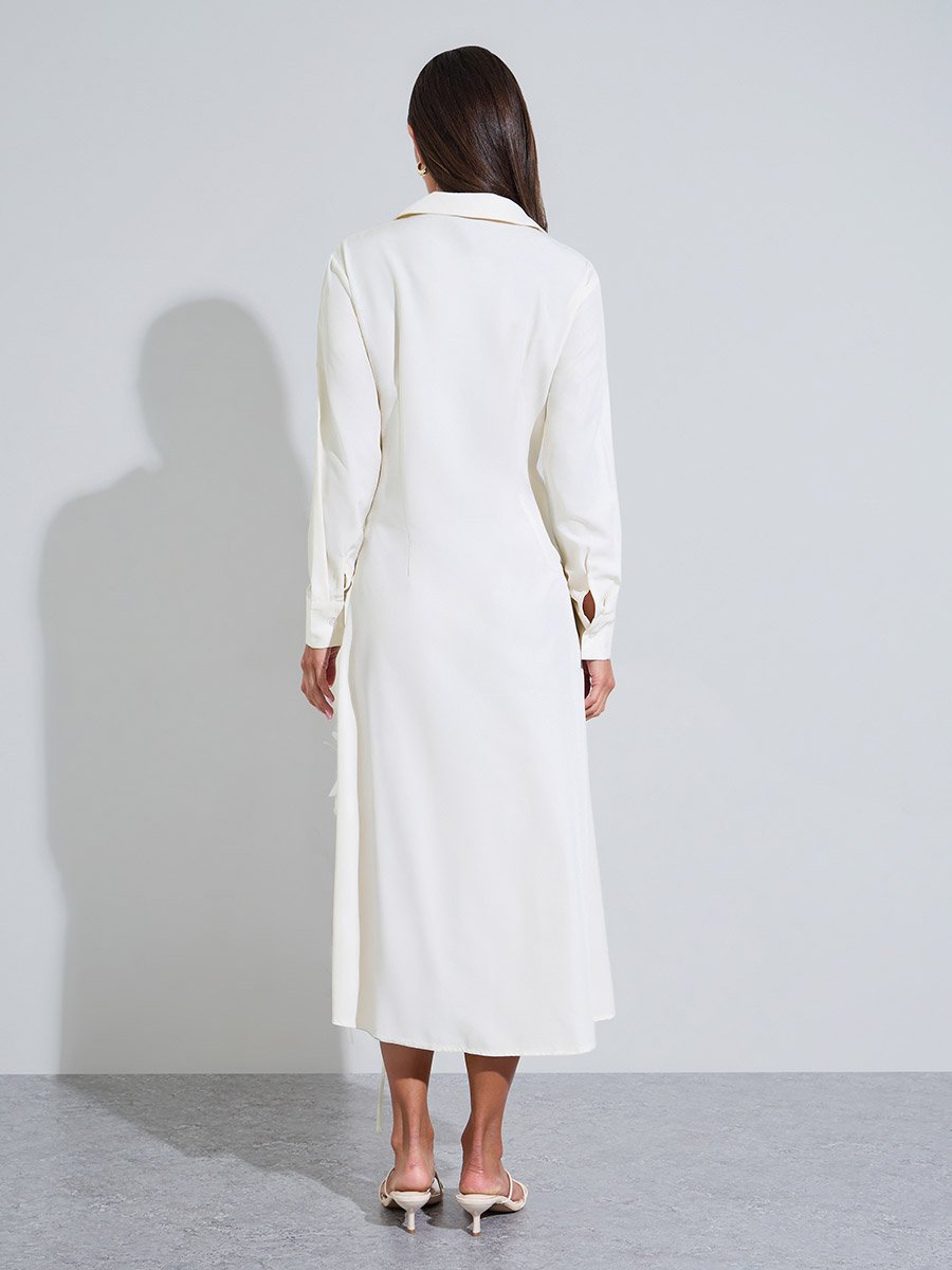Cream Gathered and Flower Details Long Sleeves Shirt Midi Dress