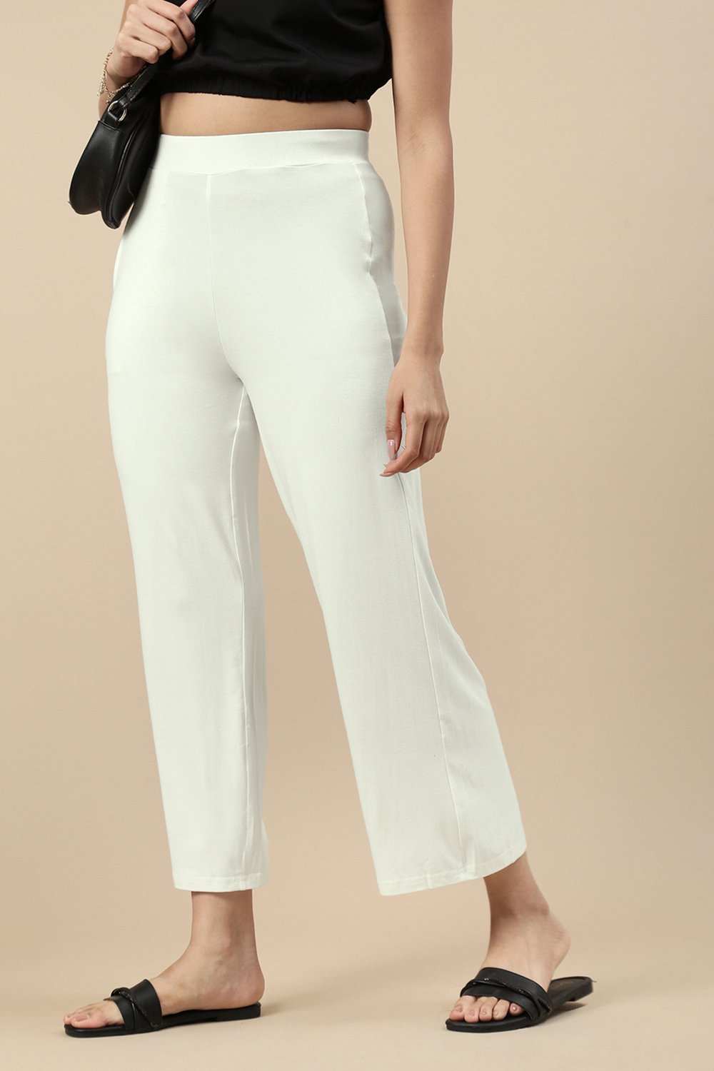 White Elastic Waist Knit Pants