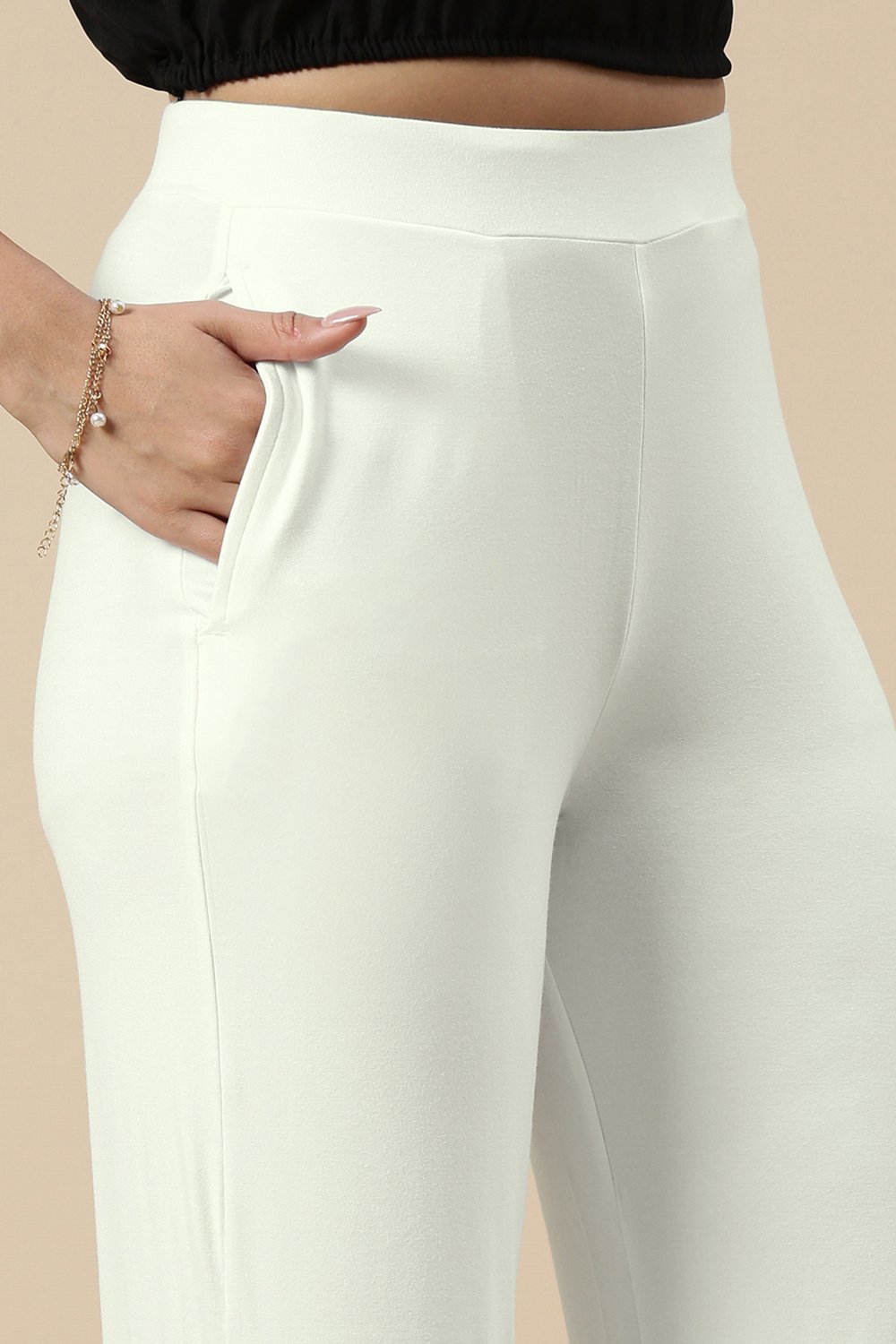 White Elastic Waist Knit Pants