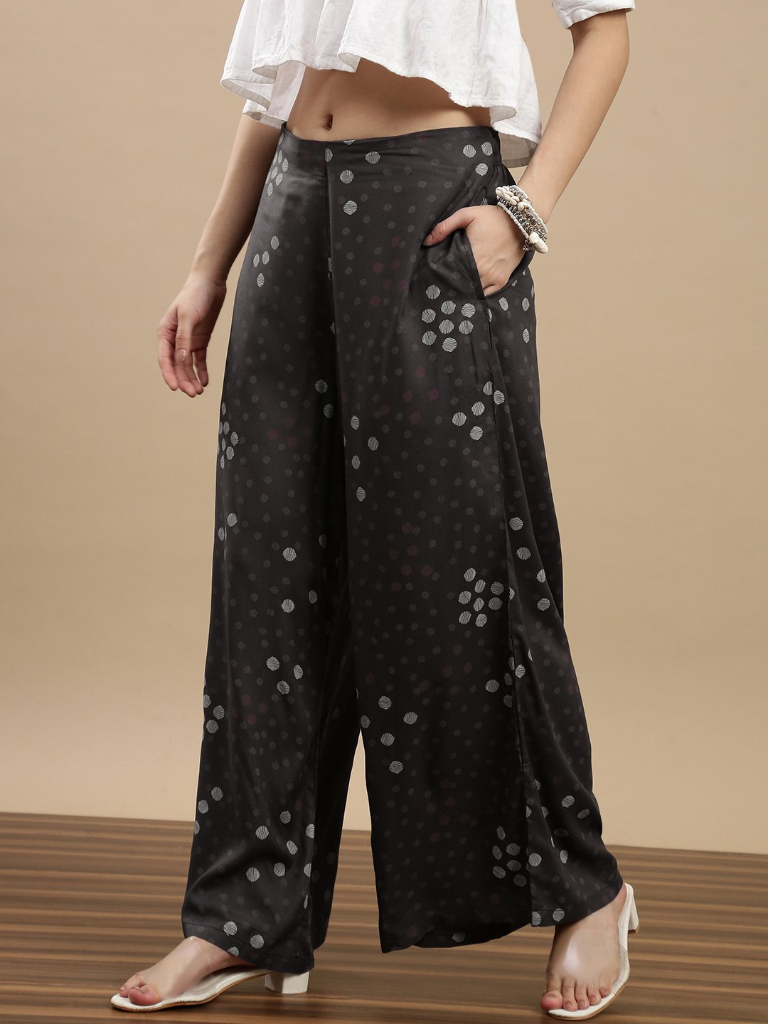 Charcoal Spot Print Wide Leg Pants