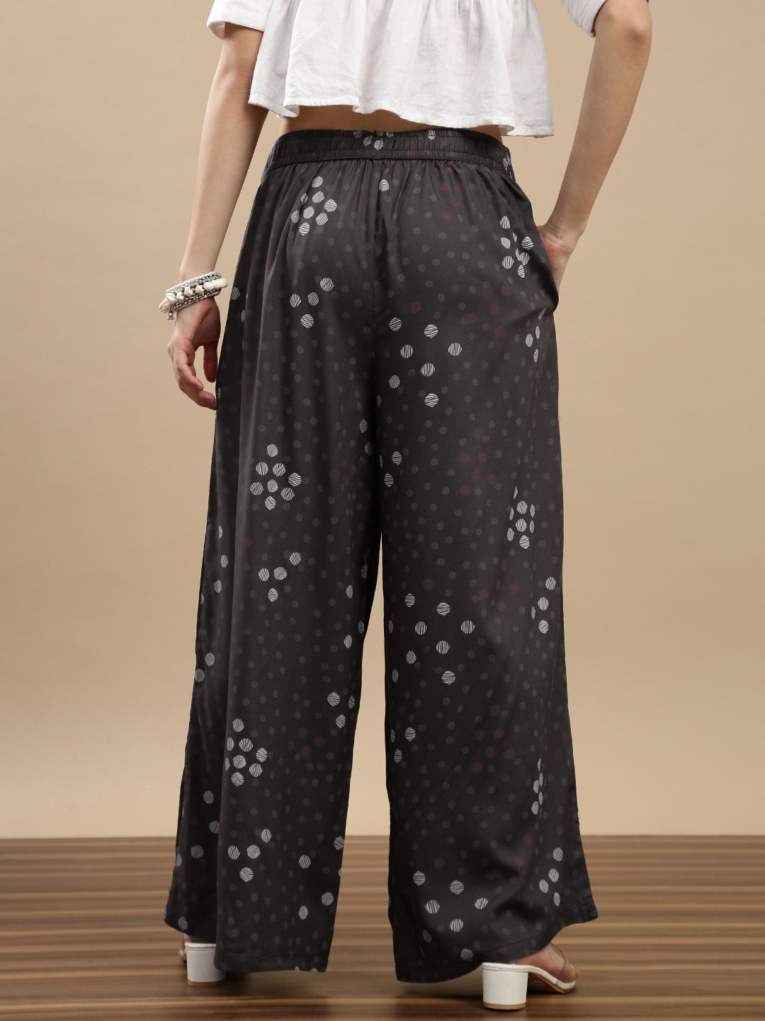 Charcoal Spot Print Wide Leg Pants