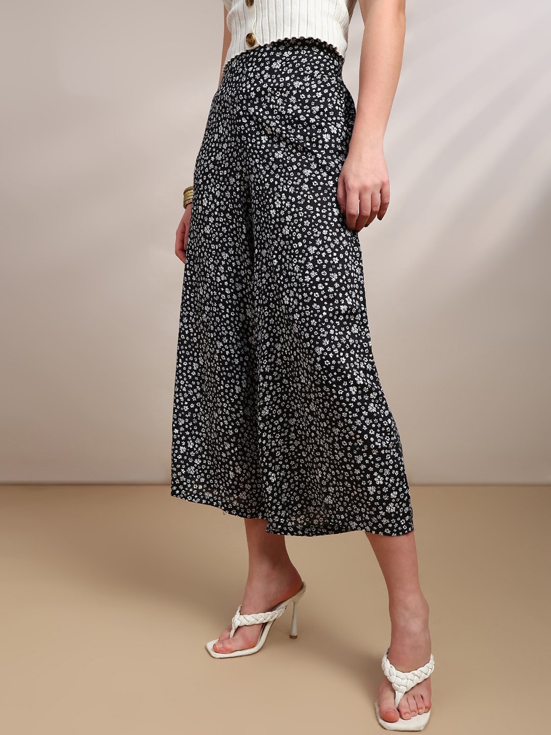 Black Spot Print Woven Rayon Pants