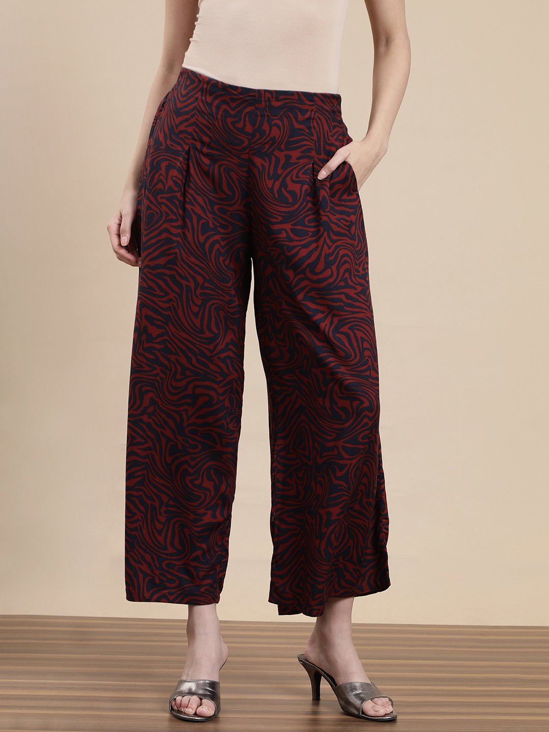 Maroon All Over Print Woven Rayon Pants