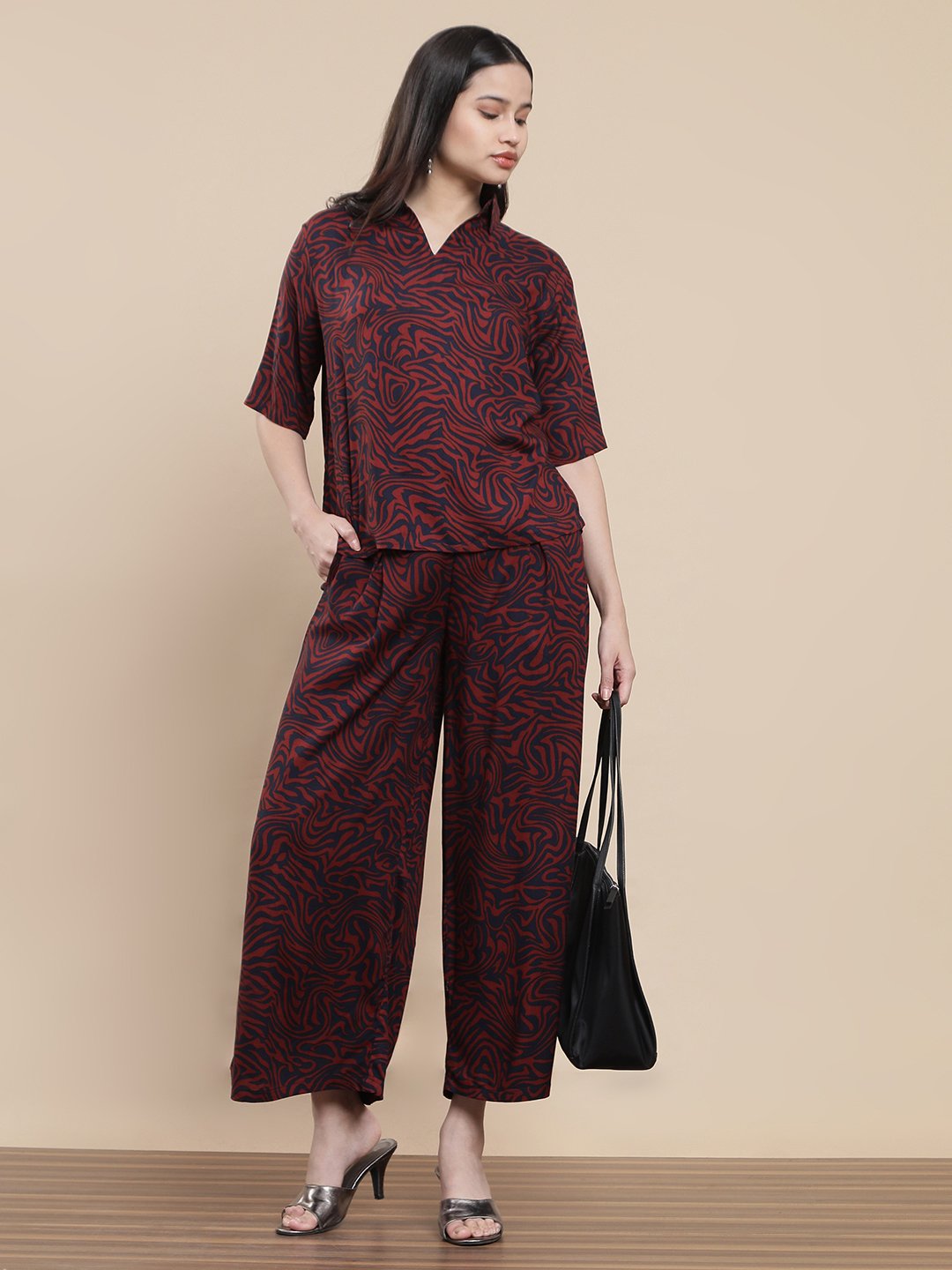 Maroon All Over Print Woven Rayon Pants