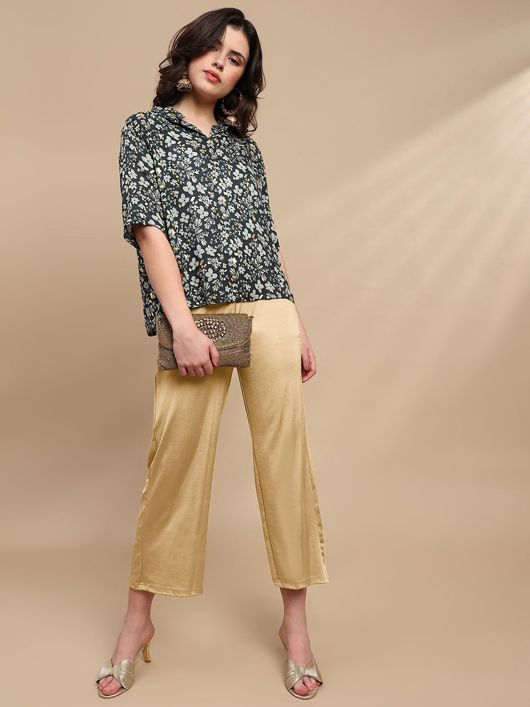 Gold Solid Crop Length Pants
