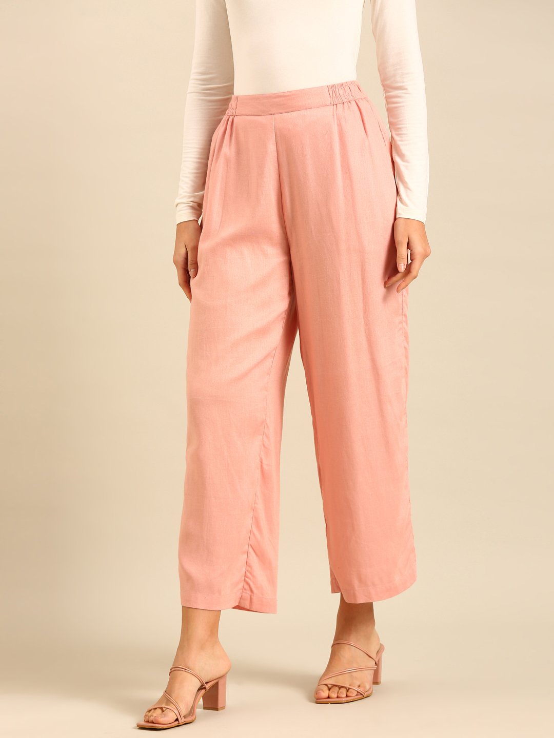 Pink Solid Wide Leg Pants