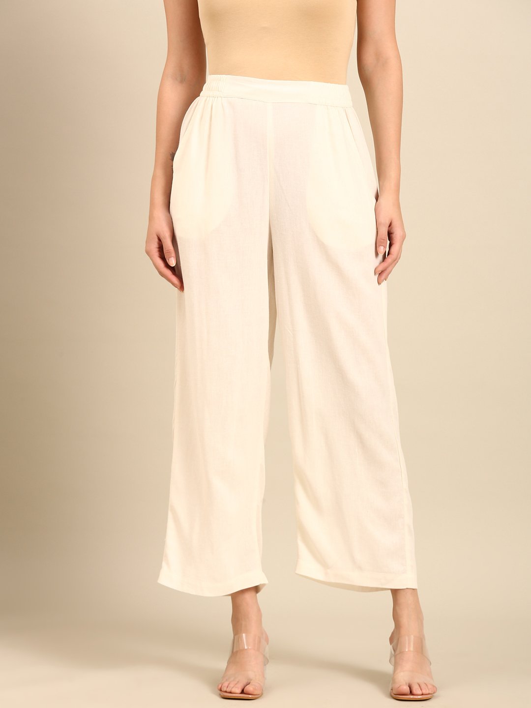 Cream Solid Wide Leg Pants