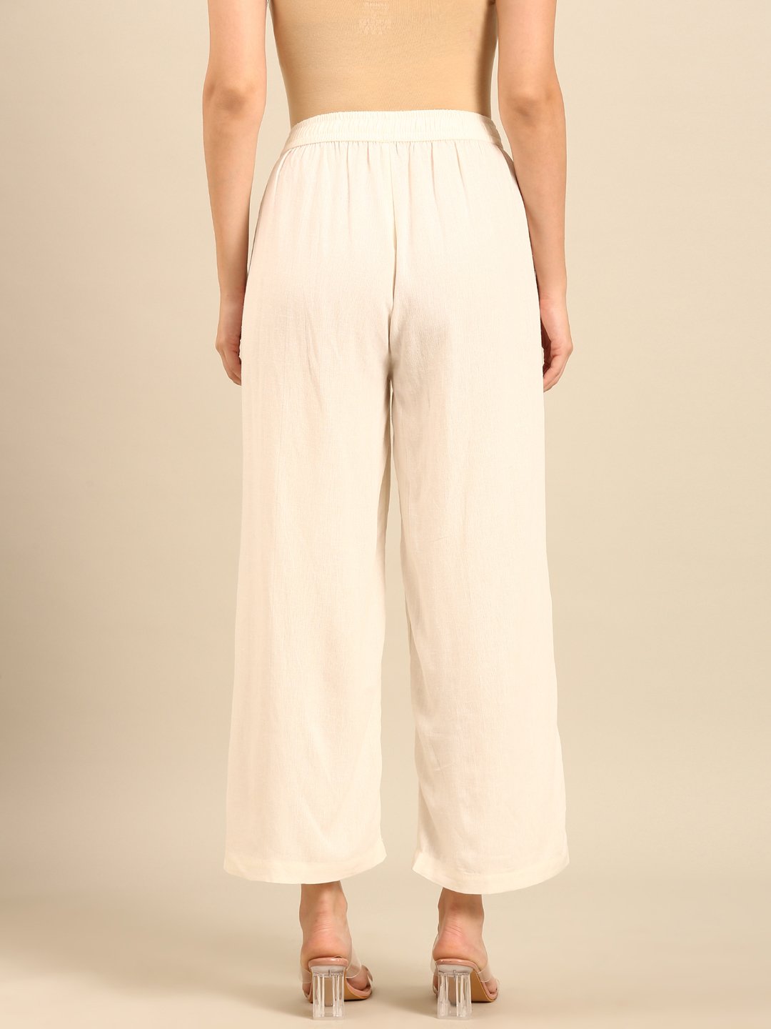Cream Solid Wide Leg Pants