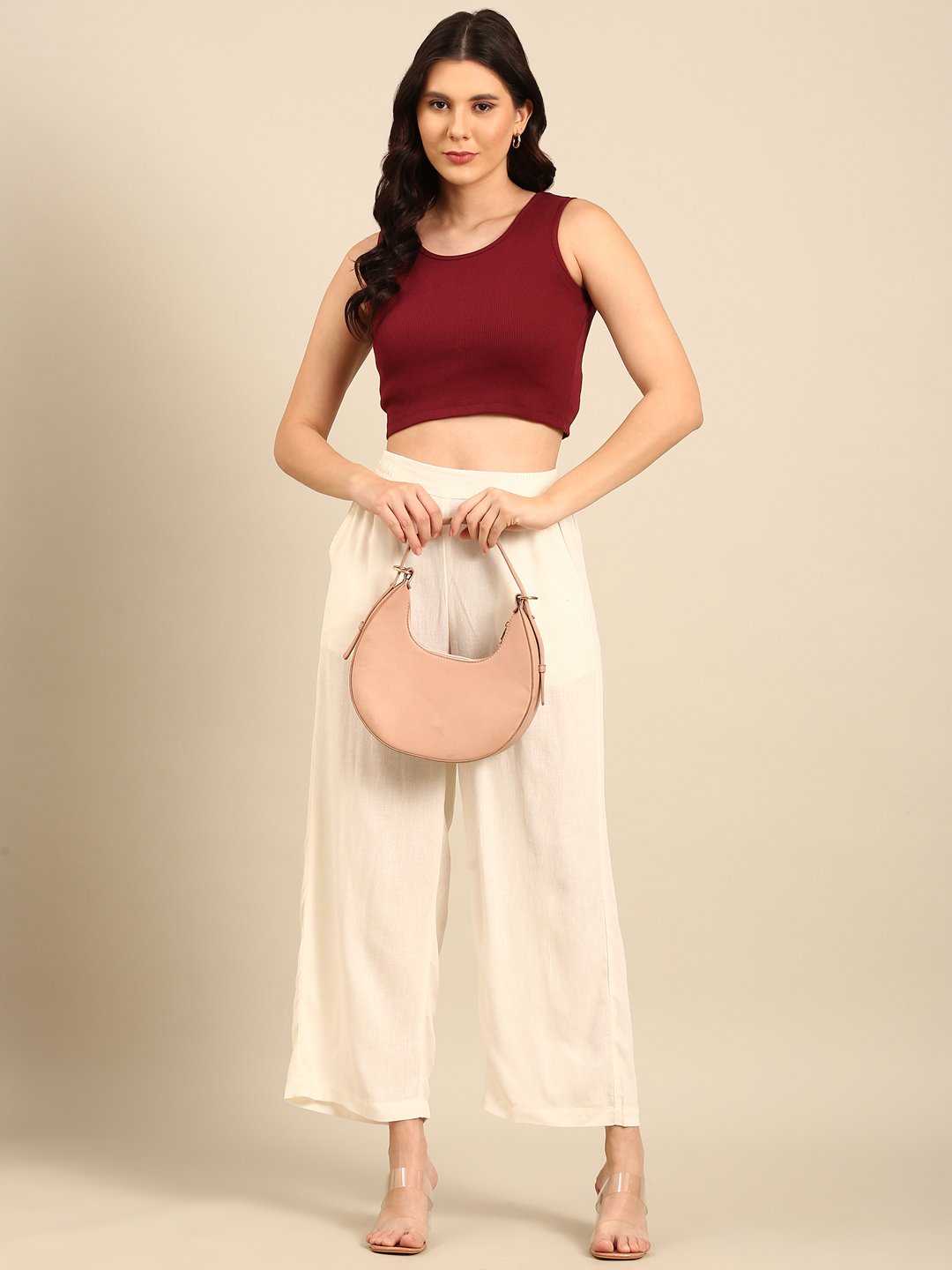 Cream Solid Wide Leg Pants