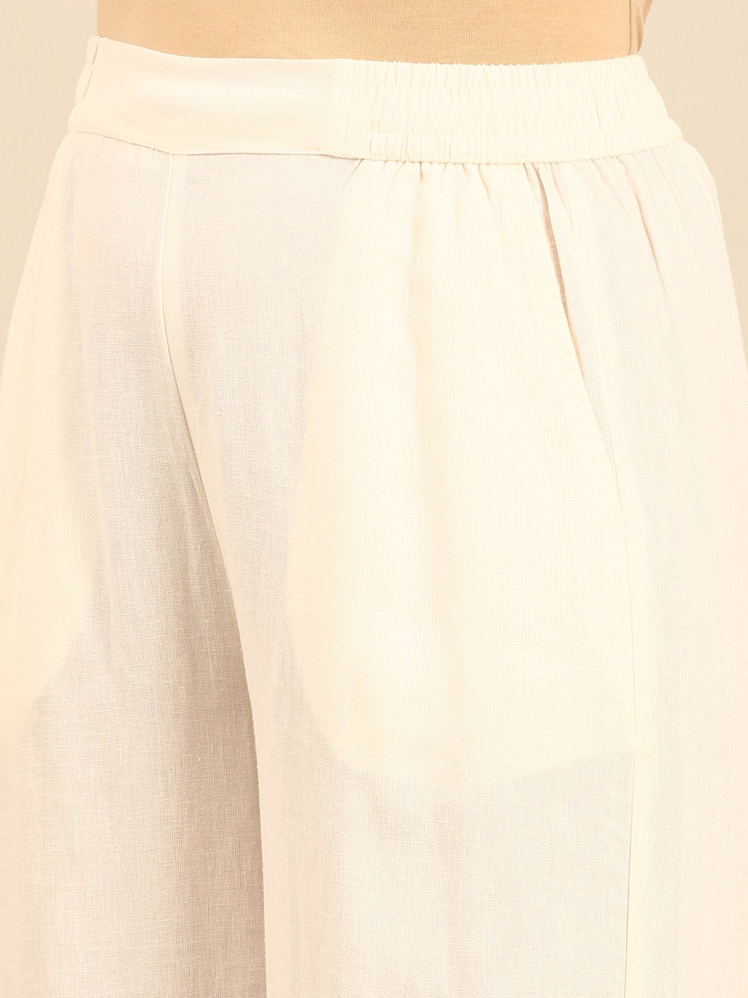 Cream Solid Wide Leg Pants
