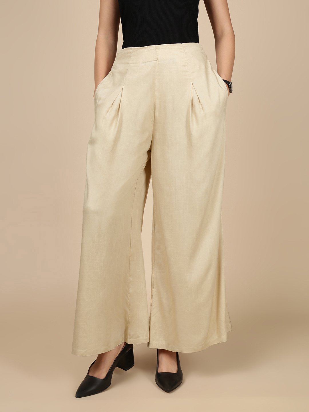 Beige Wide Leg Pants with Fold Pleat