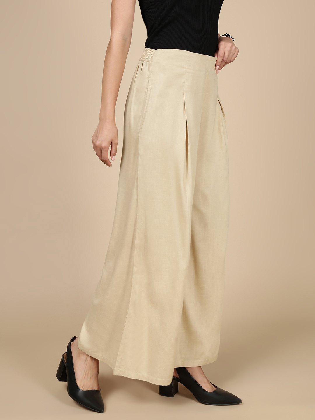 Beige Wide Leg Pants with Fold Pleat