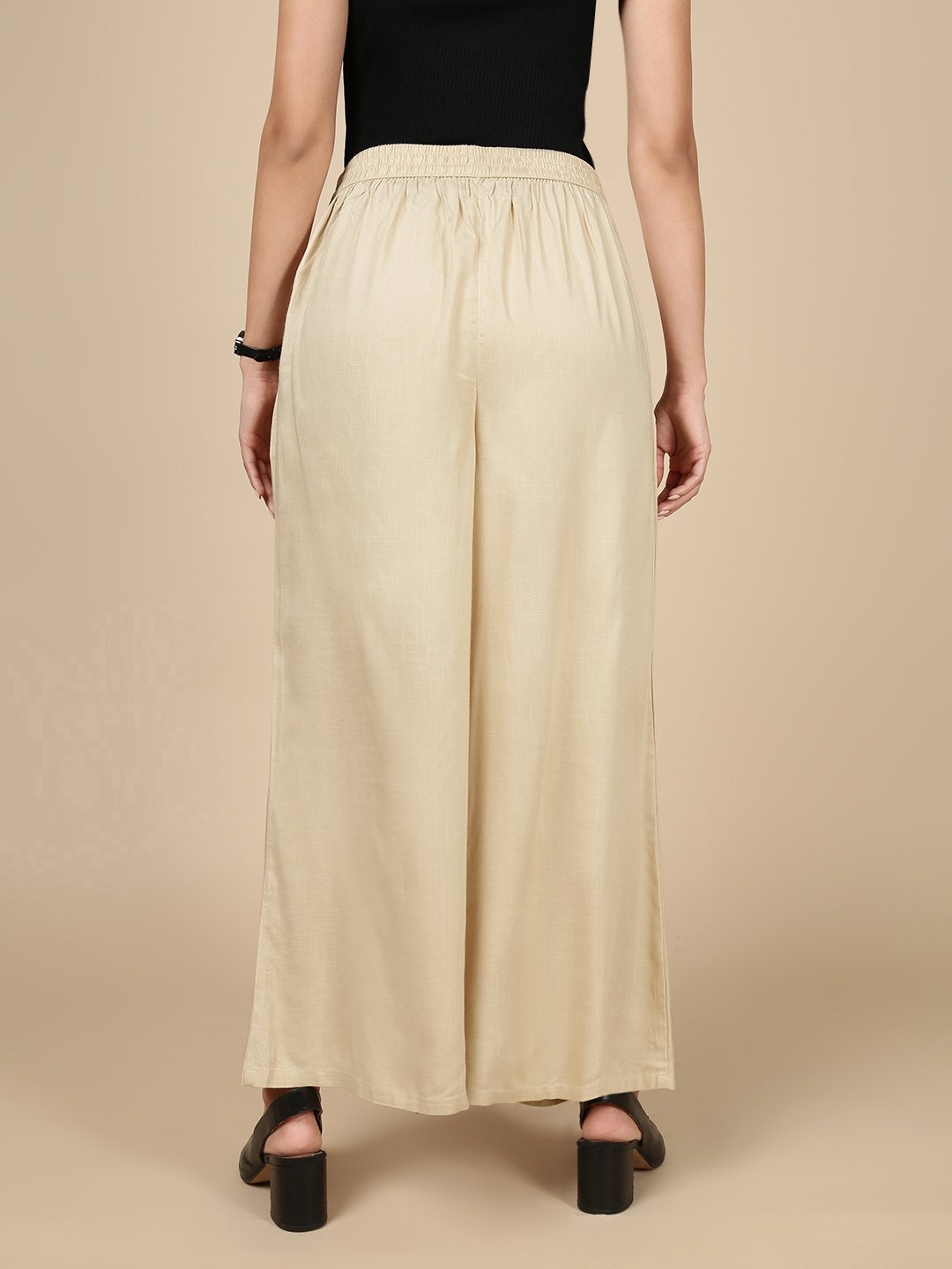 Beige Wide Leg Pants with Fold Pleat
