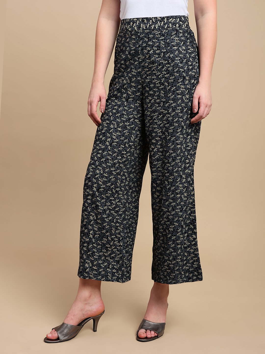 Black Ditsy Print Wide Leg Pants