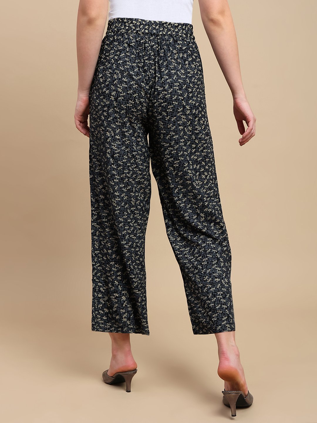 Black Ditsy Print Wide Leg Pants