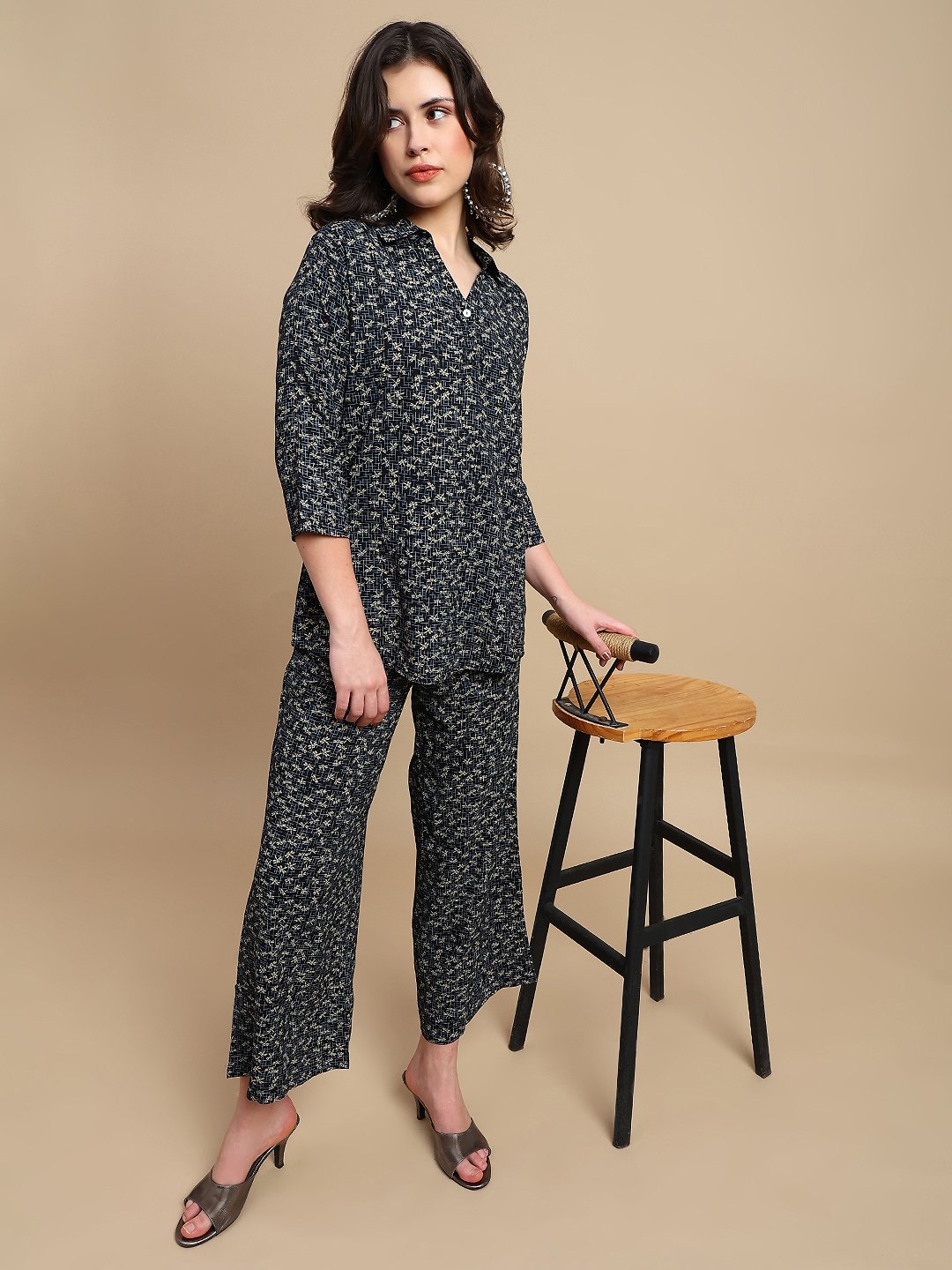 Black Ditsy Print Wide Leg Pants