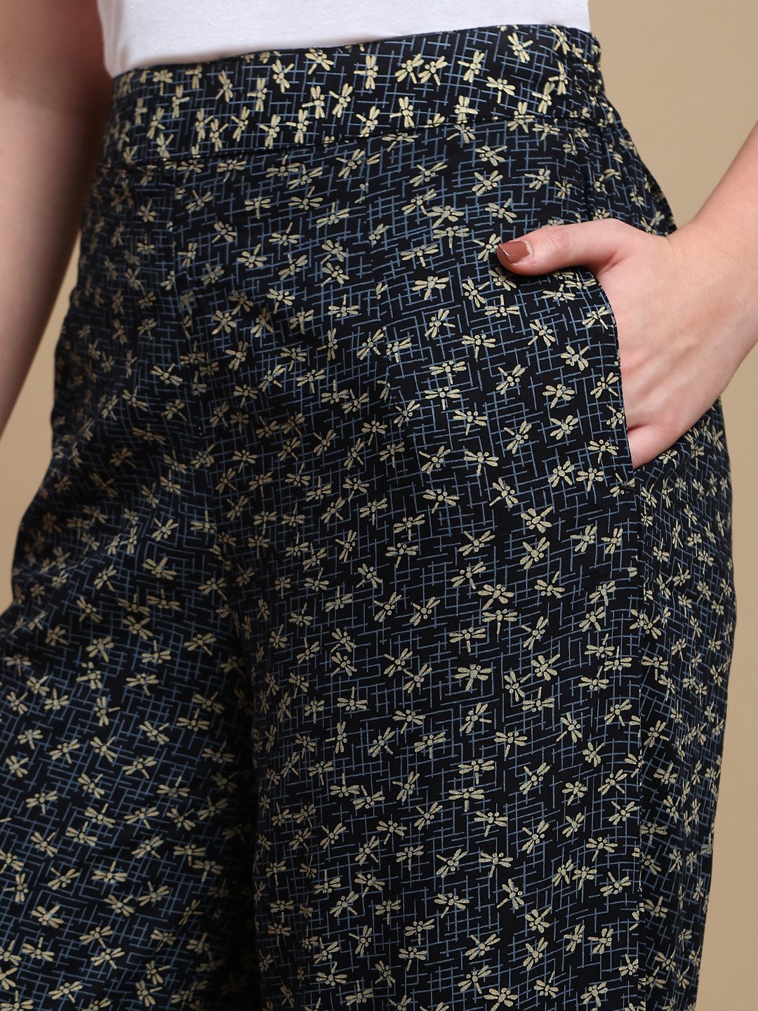 Black Ditsy Print Wide Leg Pants