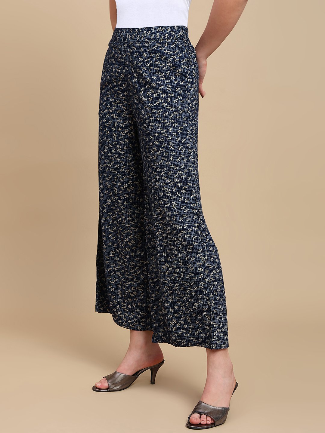 Navy Blue Ditsy Print Wide Leg Pants
