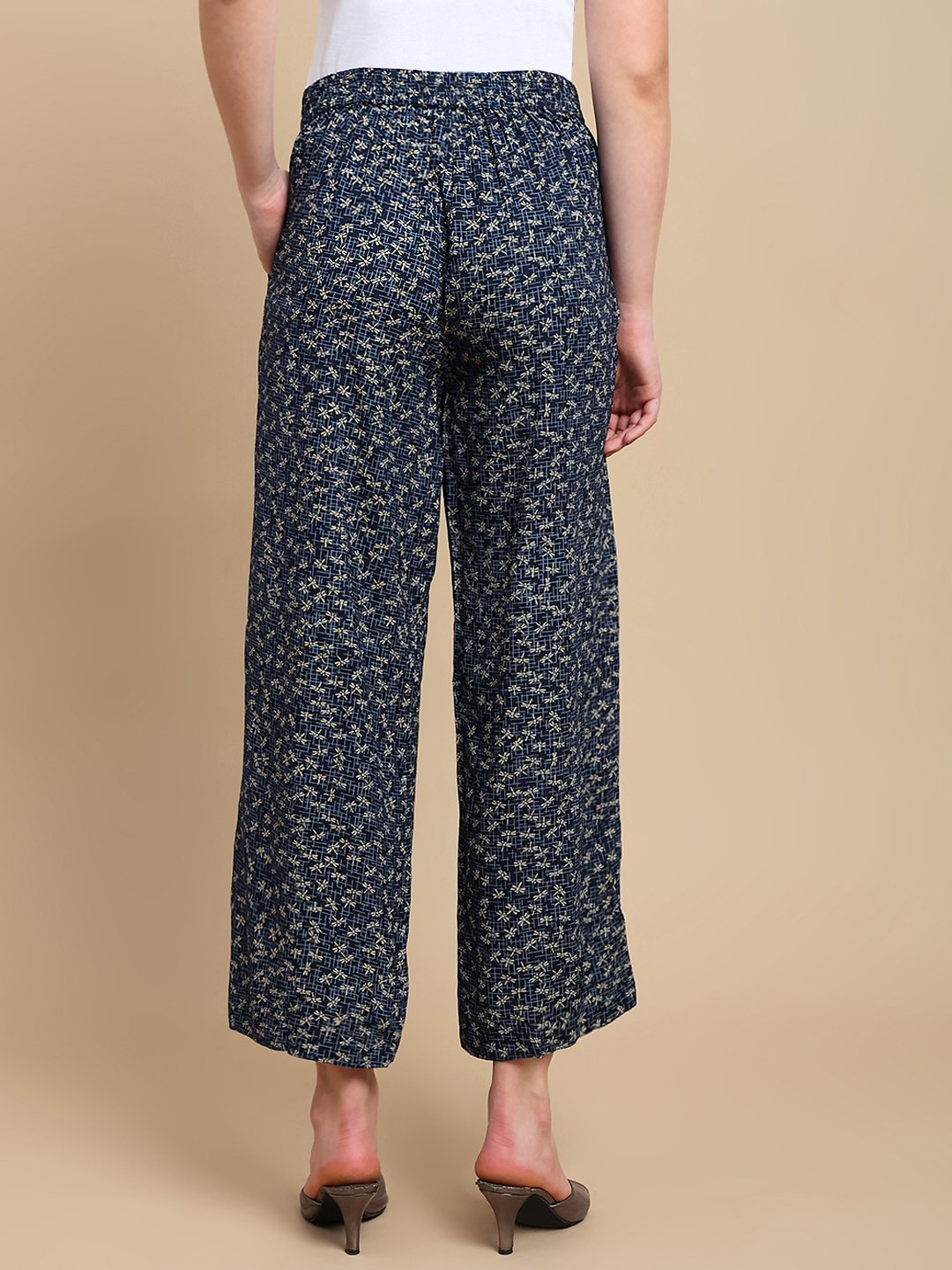 Navy Blue Ditsy Print Wide Leg Pants