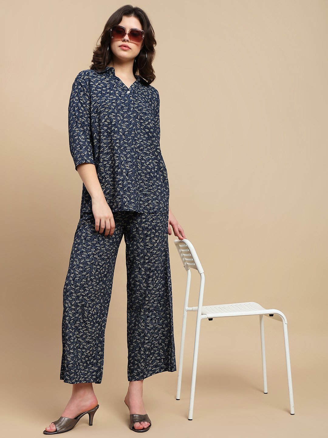 Navy Blue Ditsy Print Wide Leg Pants