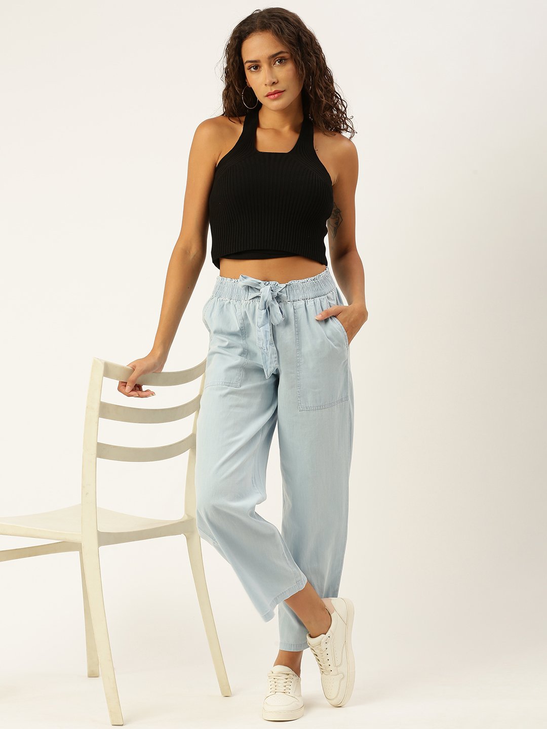Light Blue Woven Cotton Denim Culottes