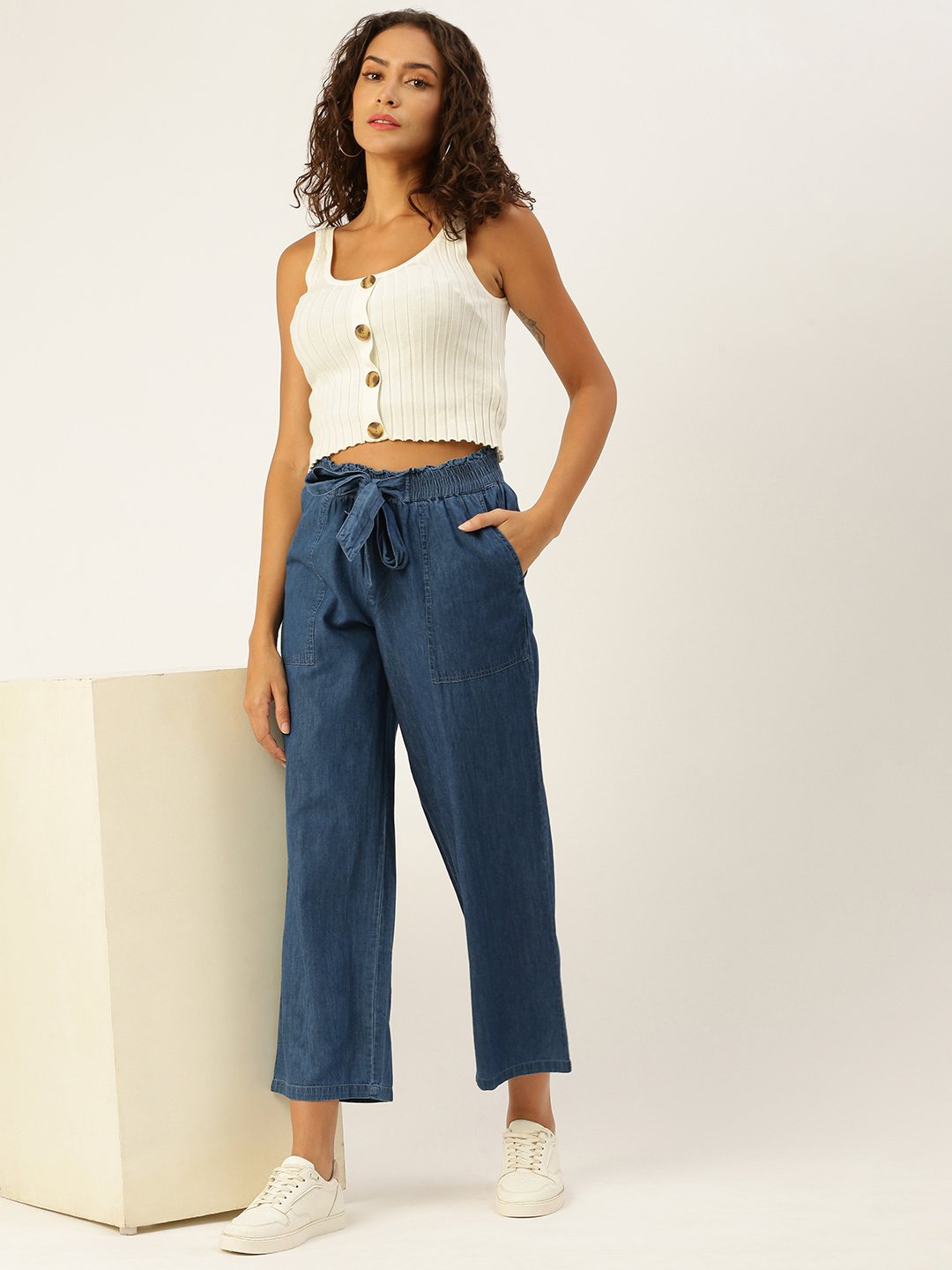 Blue Woven Cotton Denim Culottes