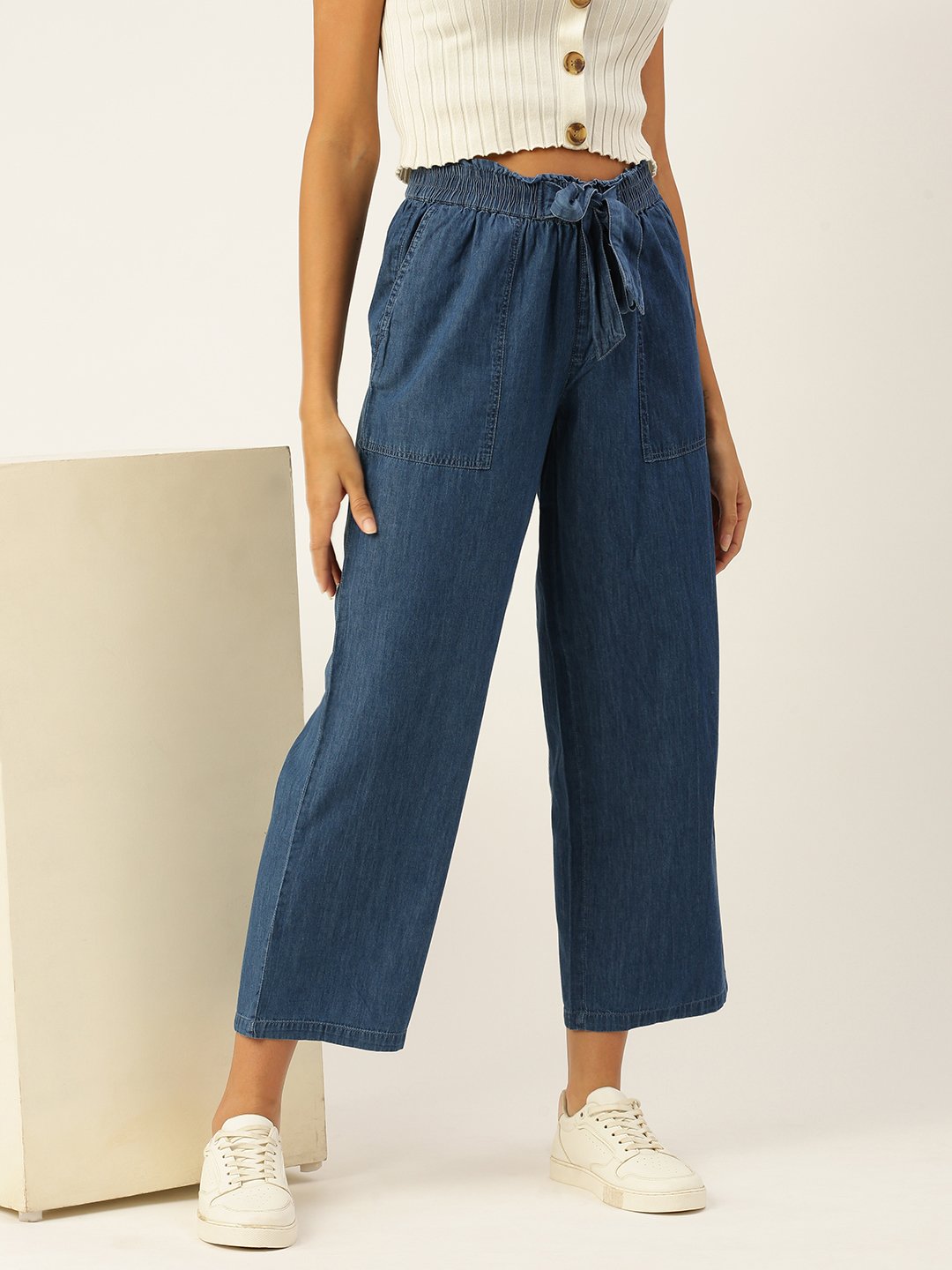 Blue Woven Cotton Denim Culottes