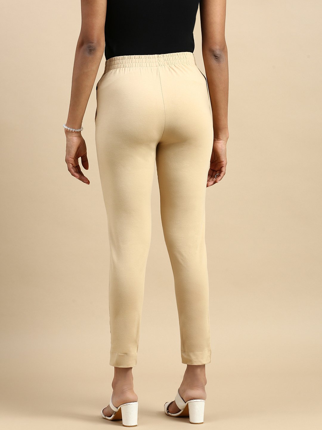 Beige Solid Knit Cotton Blend Pants