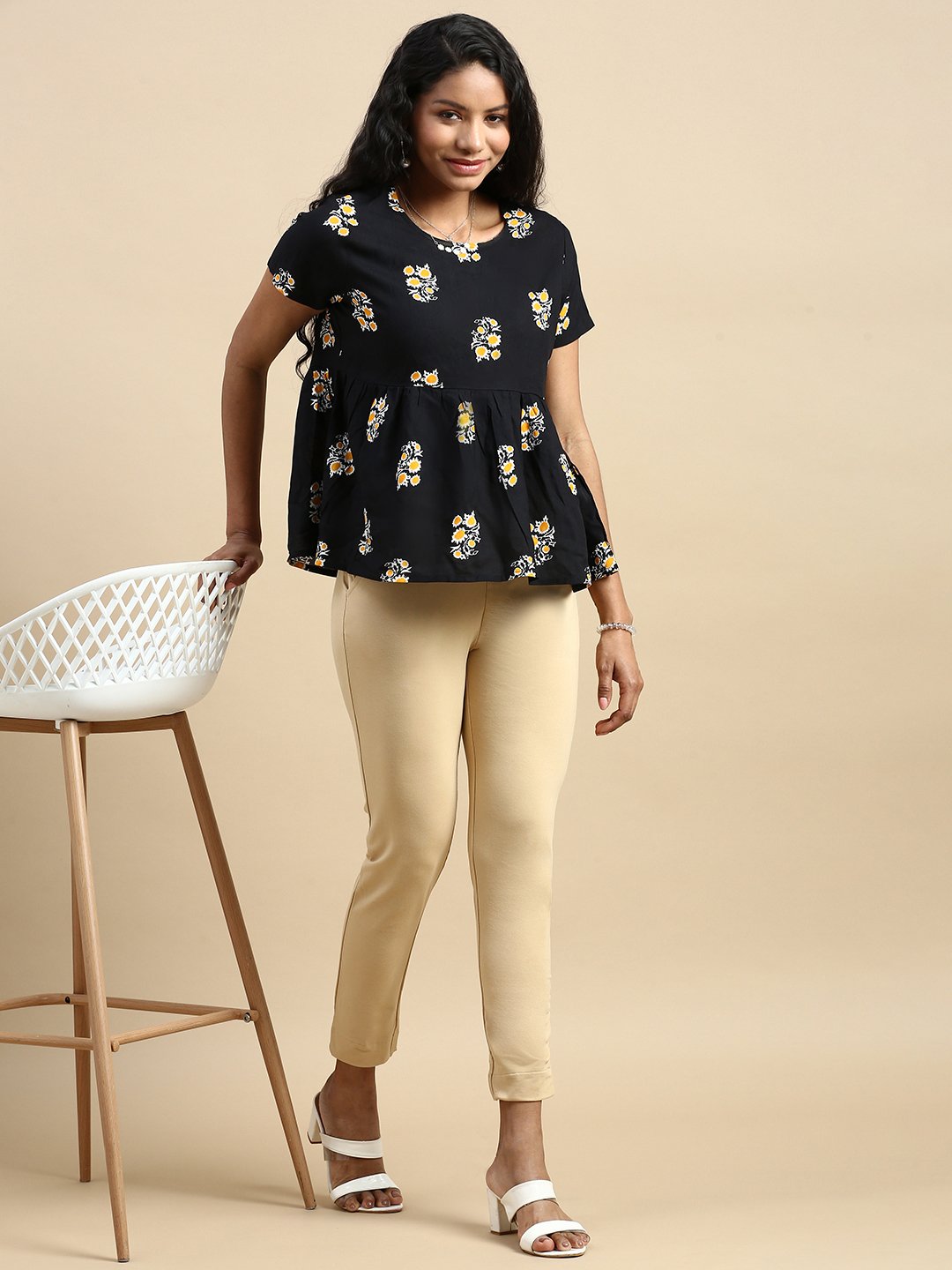 Beige Solid Knit Cotton Blend Pants