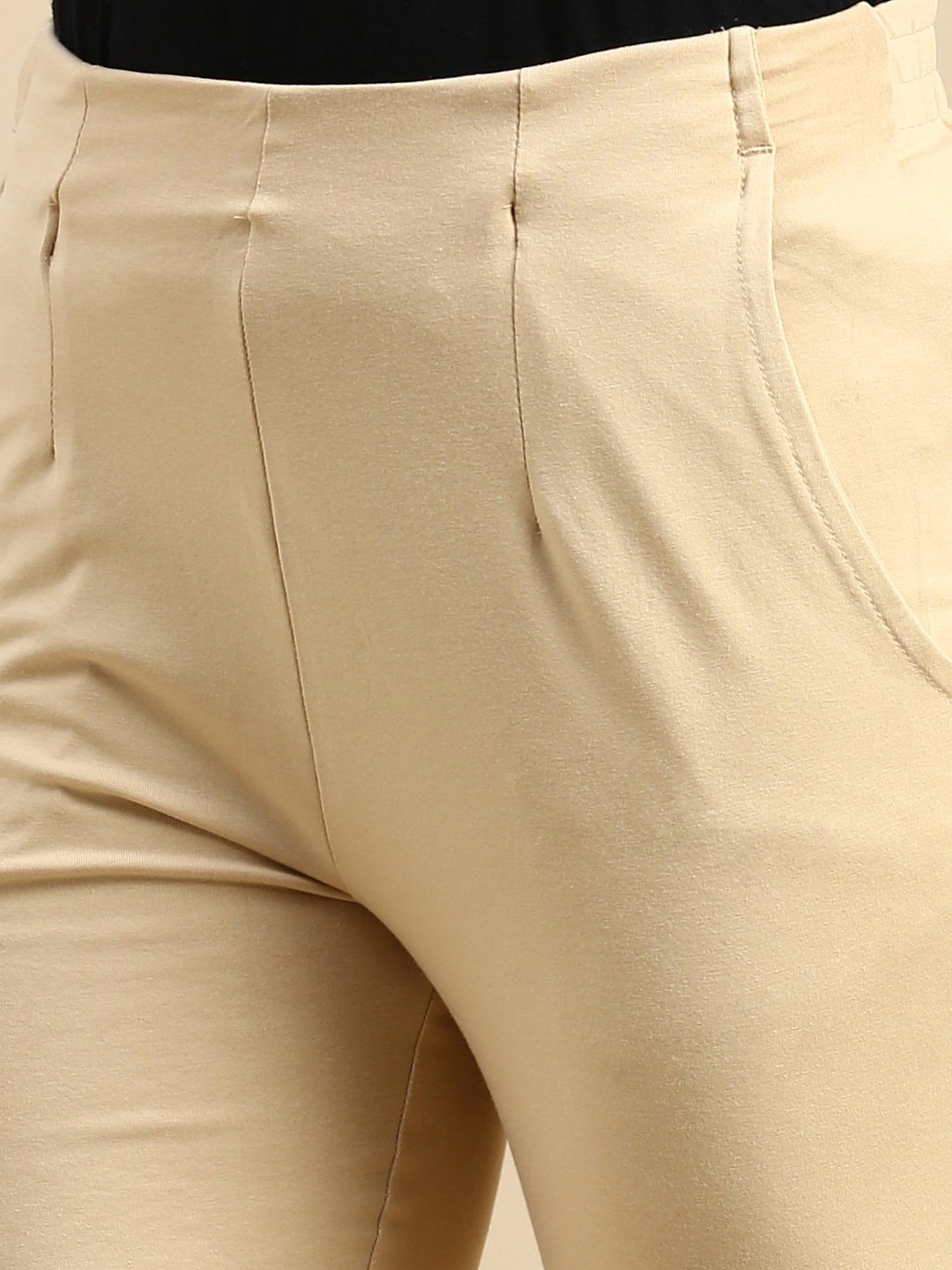 Beige Solid Knit Cotton Blend Pants