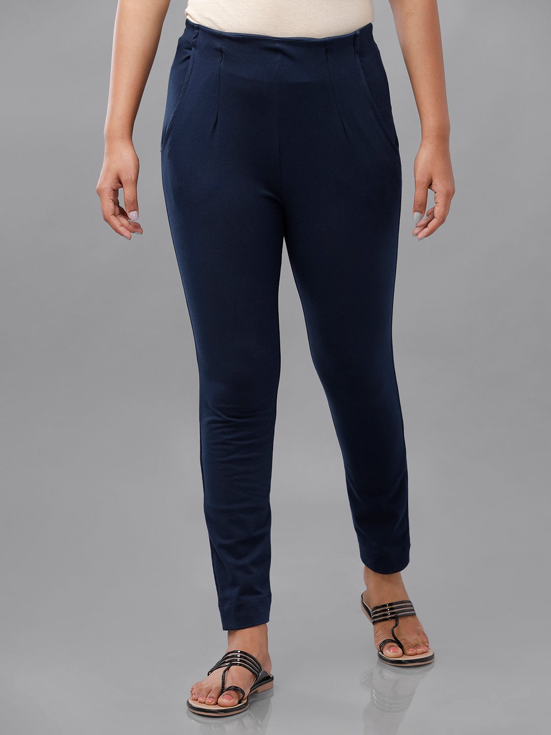 Navy Blue Solid Knit Cotton Blend Pants