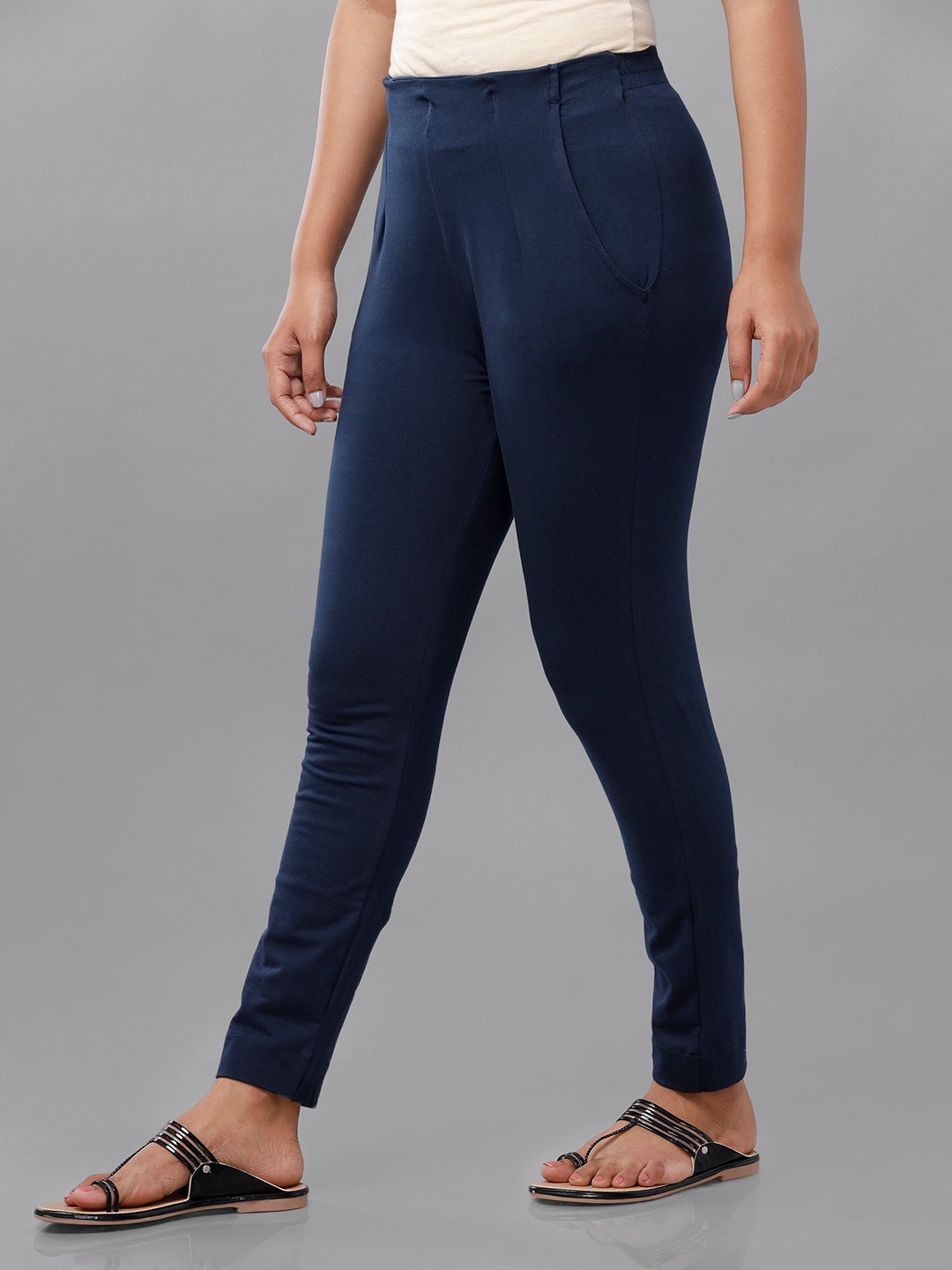 Navy Blue Solid Knit Cotton Blend Pants